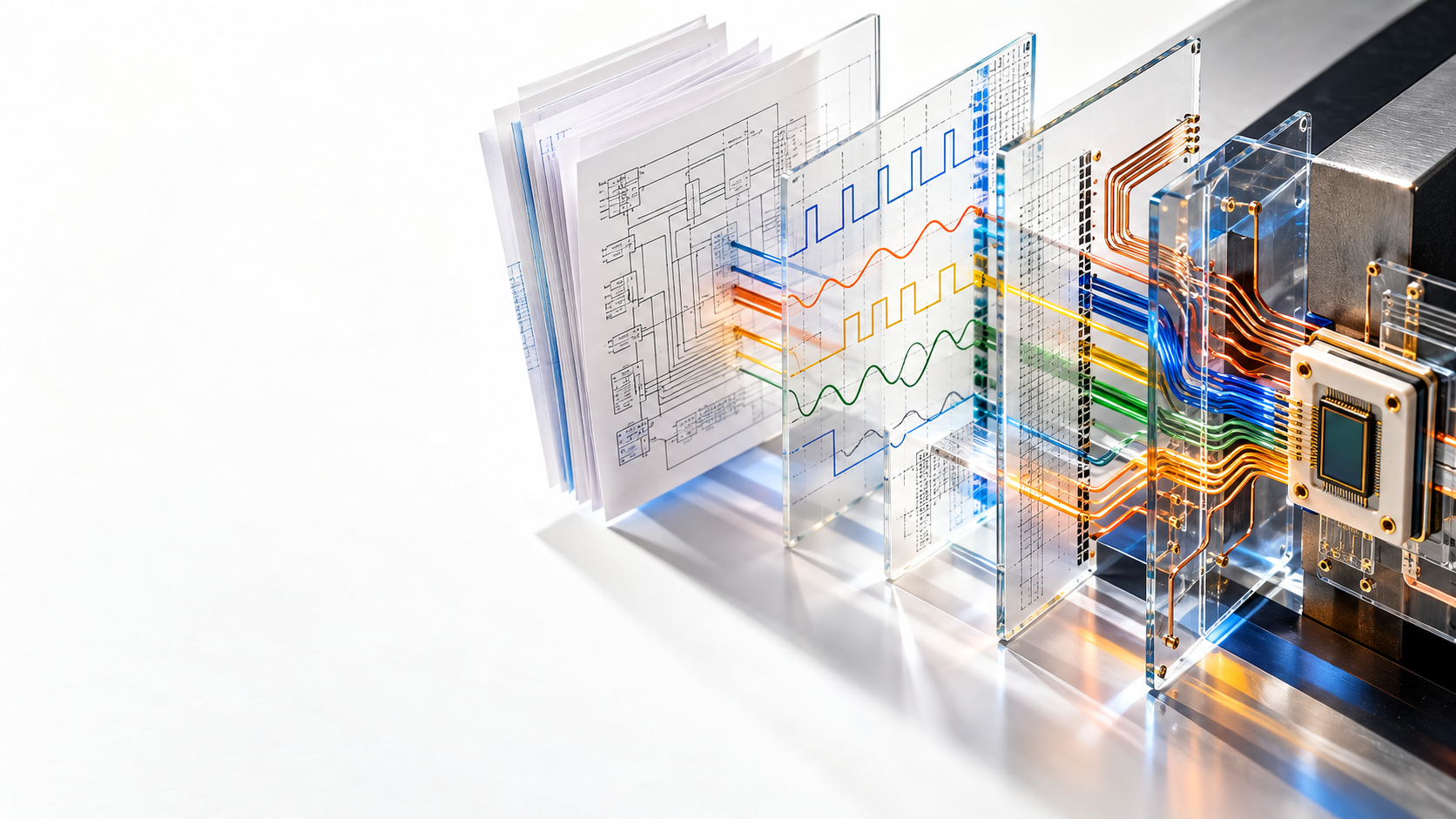Illustrative artwork: layered datasheet pages, colored signal paths and a sensor package